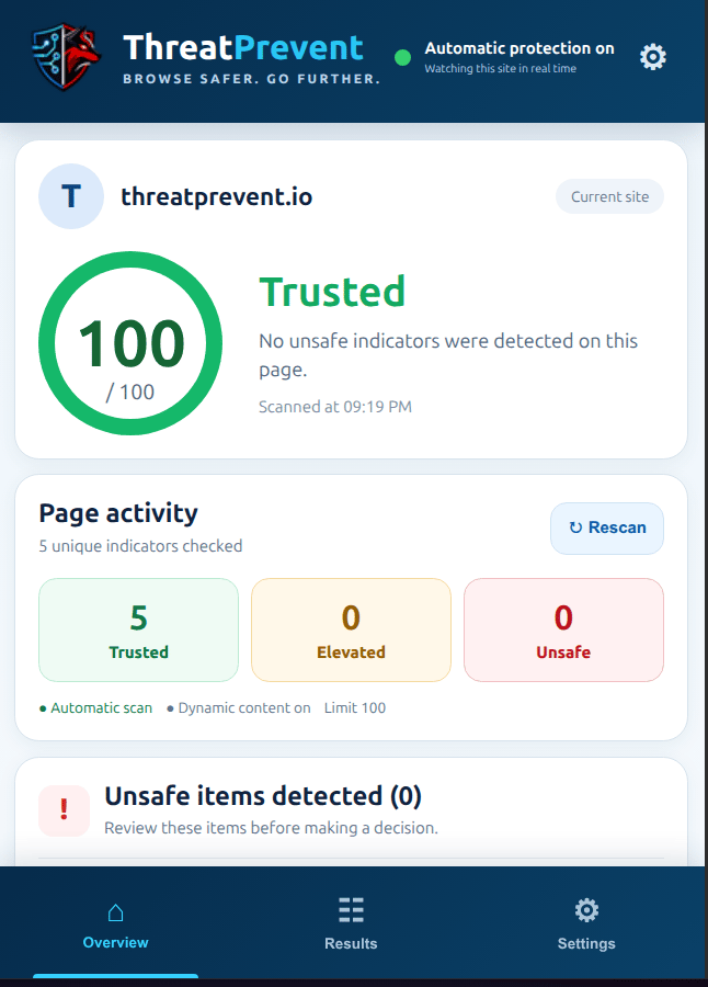 Updated ThreatPrevent browser extension displaying a trusted website assessment